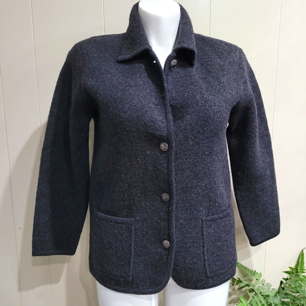 TALBOTS 100% Wool Gray Cardigan Jacket Made Women’s Sz P/ Large